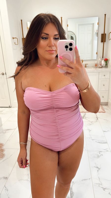 my curvy Sunset Pink Shimmer Ruched One Piece swimsuit! wearing size xl and runs tts! has adorable and removable straps. bra cups are sewn in. comes in xs-xxxl 

#LTKFindsUnder100 #LTKMidsize #LTKSwim