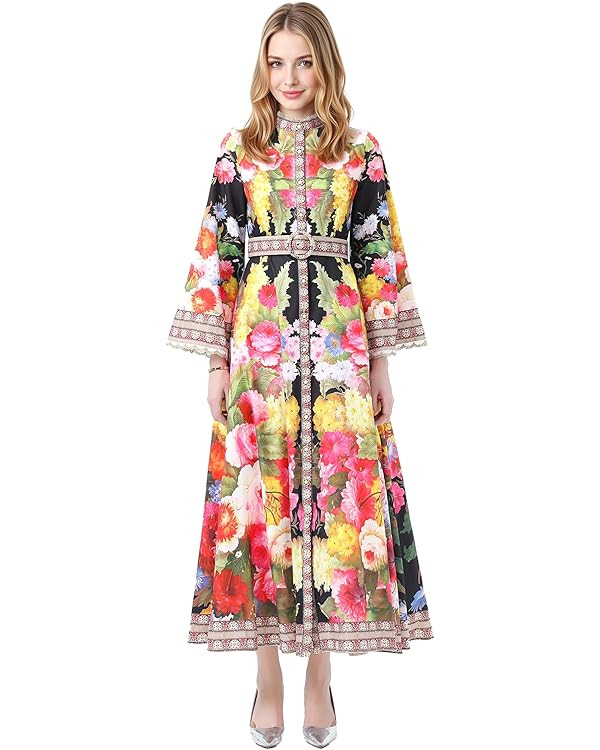 LAI MENG FIVE CATS Women's Floral Bell Sleeves Crew Neck Single Breasted Print Maxi Dress with Be... | Amazon (US)