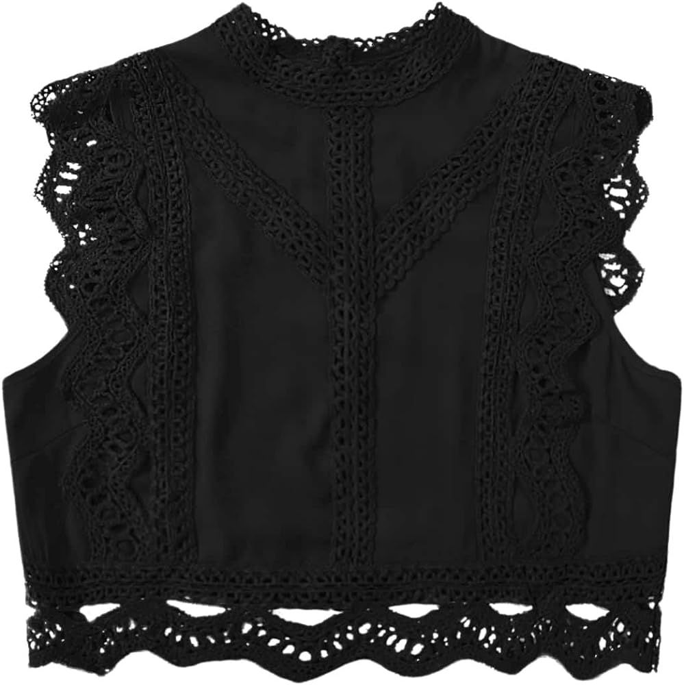 Floerns Women's Mock Neck Guipure Lace Trim Embroidery Blouse Tops | Amazon (US)
