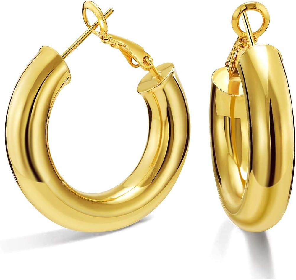 SHOWNII 14k Gold Plated Chunky Tube Hoop Earrings for Women | Amazon (US)