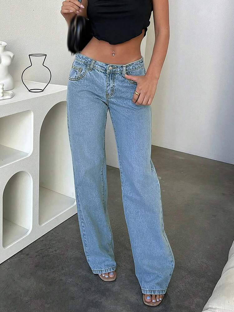 New Popular European And American Street Style Simple Daily Commuting Casual Low-Waist Straight Women's Jeans | SHEIN