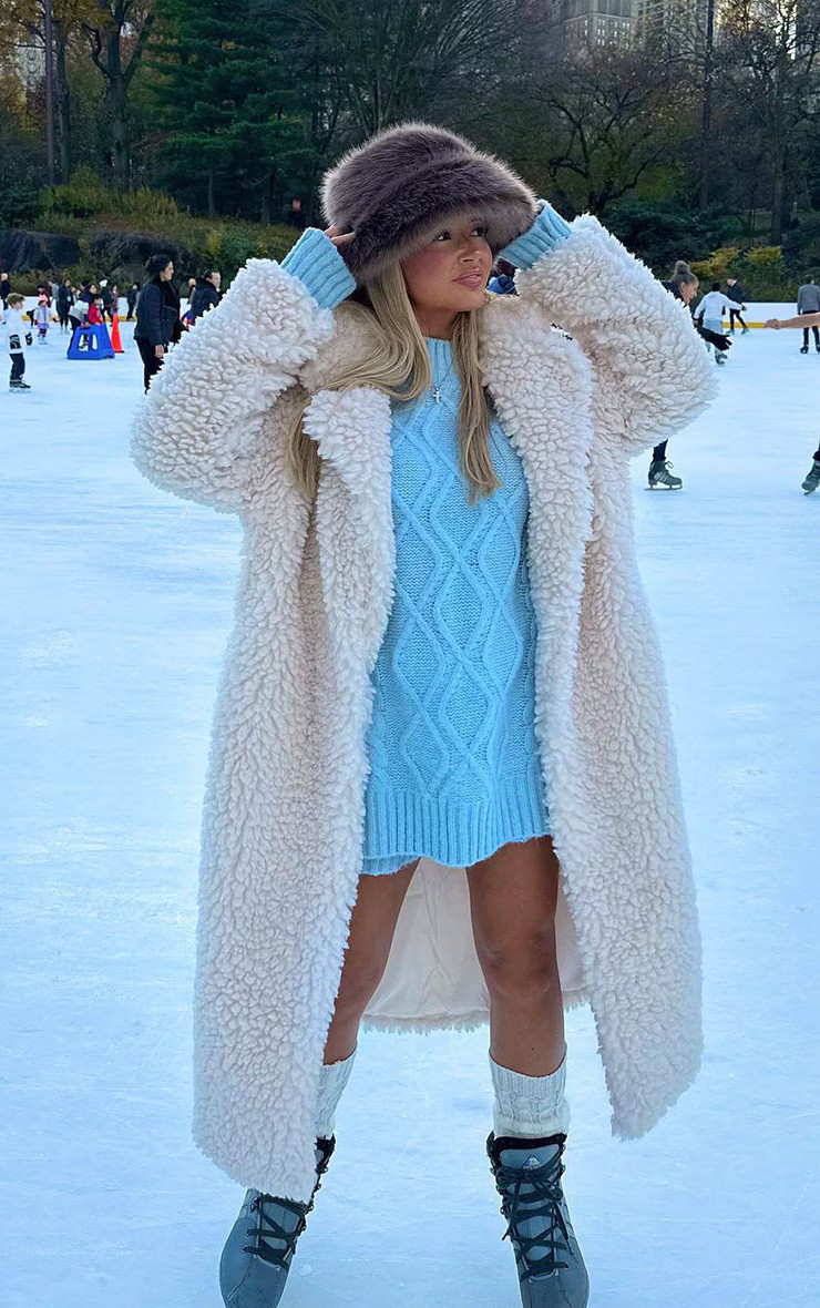 Cream Soft Touch Longline Borg Coat | PrettyLittleThing US