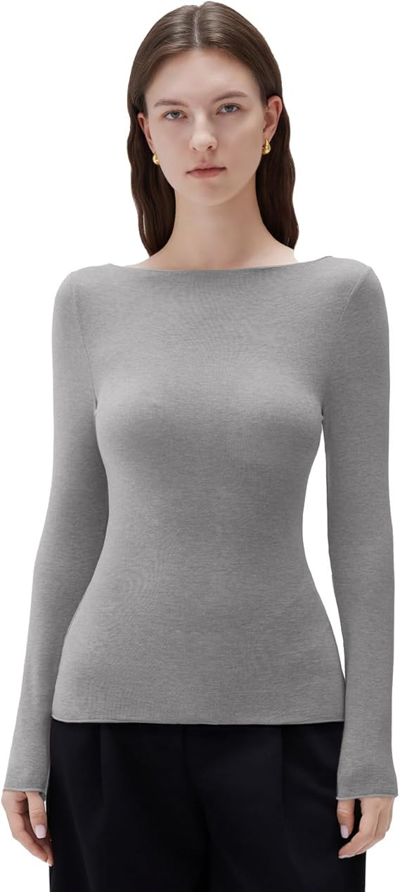 SUUKSESS Cloud Cashmere Women Boat Neck Fitted Long Sleeve Shirt Basic Knit Tops | Amazon (US)