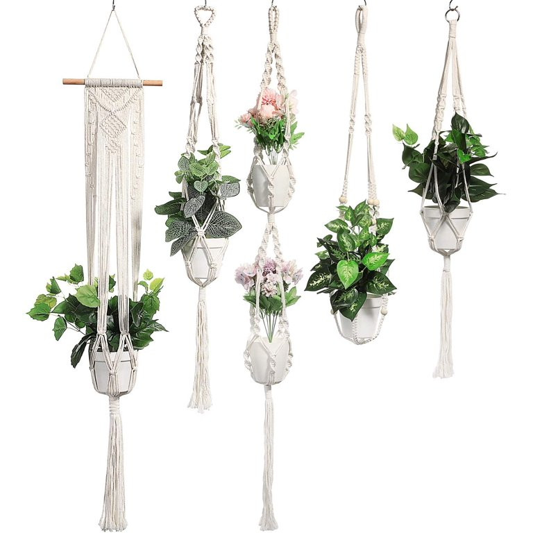 Jiaro Handmade Cotton Hanging Planter Set Flower Pot Holder Boho Decor Set of 5 (White) | Walmart (US)