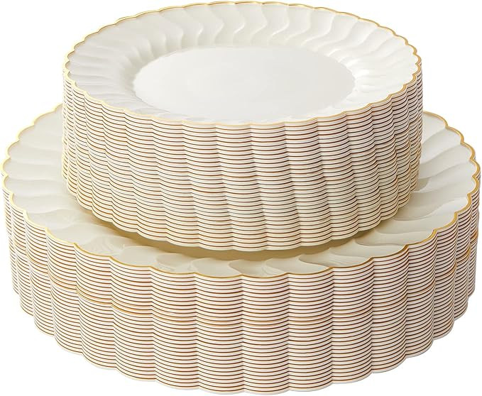 Lullaby 60PCS Ivory Scalloped Plastic Plates with Gold Rim, Disposable Elegant Plates Include 30p... | Amazon (US)