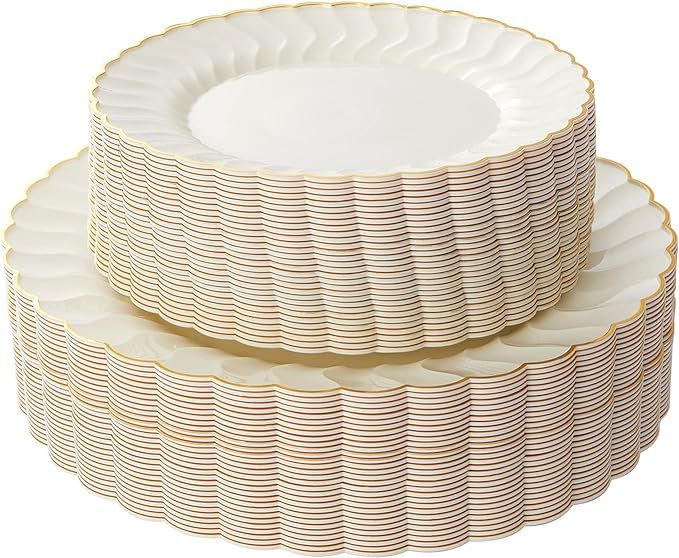 60 Pack Ivory Scalloped Plastic Plates with Gold Rim, Disposable Elegant Plates Include 30pcs Din... | Amazon (US)