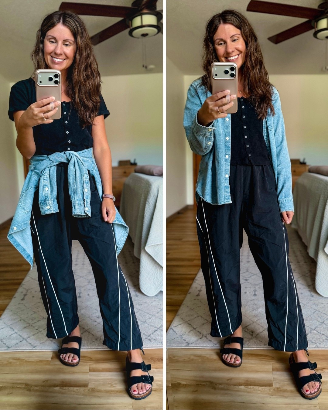 xs in my tee (100% cotton!) and small in my denim shirt (also 100% cotton!) My track pants are size small. My sandals are size 6.

#LTKSeasonal #LTKPetite #LTKgrwm