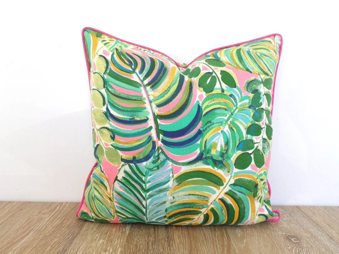 Green Outdoor Pillow Tropical Beach House Decor, Floral Pillow Case With Pink Pink and Large Mons... | Etsy (US)