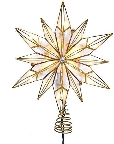 Kurt S. Adler Kurt Adler 10-Light 12-Point Capiz Star and Center Gem Treetop, 10.24in, Gold, Whit... | Amazon (US)