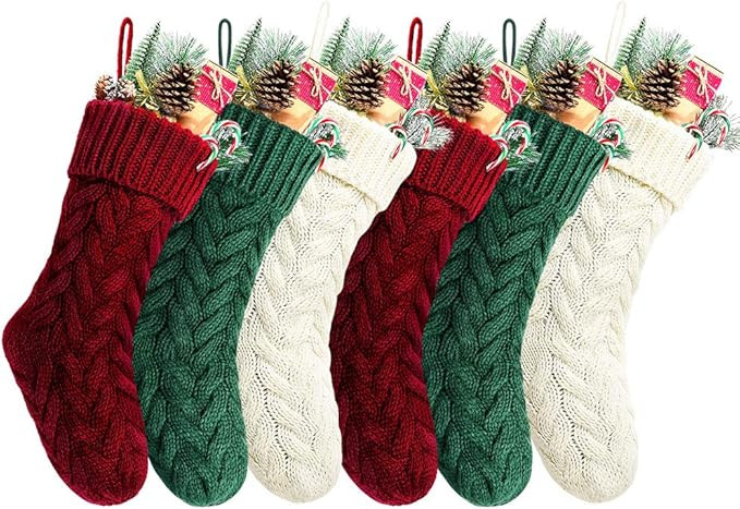 Kunyida 18 Inches Burgundy, Ivory, Green Knitted Christmas Stockings,6 Pack | Amazon (US)