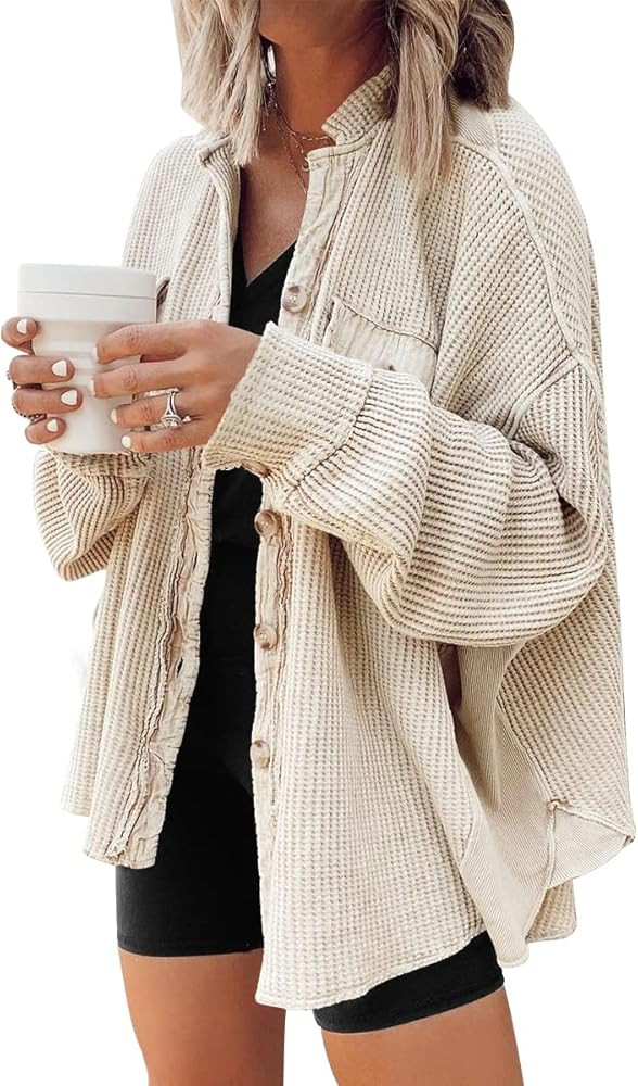 AUTOMET Womens Shacket Jacket Flannel Waffle Knit Oversized Button Down Shirts Fall Long Sleeve B... | Amazon (US)