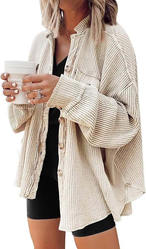 AUTOMET Womens Shacket Jacket Flannel Waffle Knit Oversized Button Down Shirts Fall Long Sleeve B... | Amazon (US)