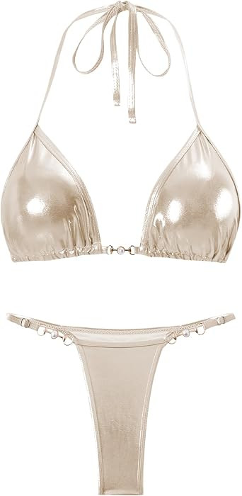 Amy Babe Women's Metallic Triangle Halter Bikini Sets Two Piece Swimsuit | Amazon (US)