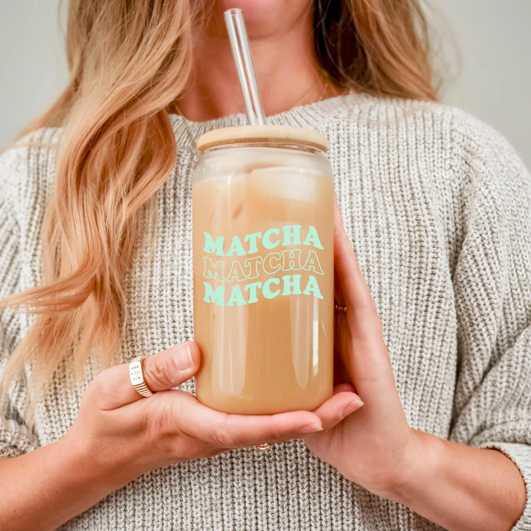 Matcha Iced Coffee Cup: 16 oz Glass with Bamboo Lid & Straw | Etsy (US)