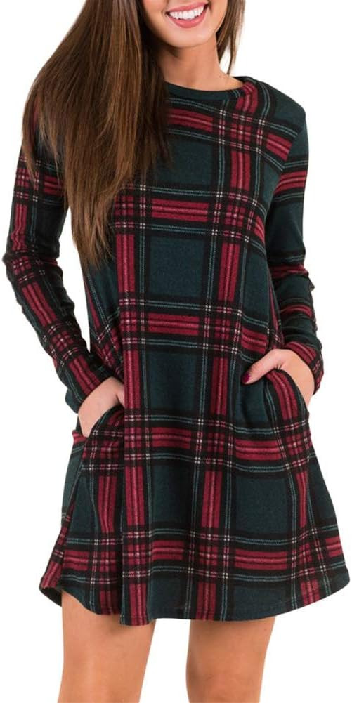 MIROL Women's Long Sleeve Plaid Color Block Casual Swing Loose Fit Tunic Dress | Amazon (US)