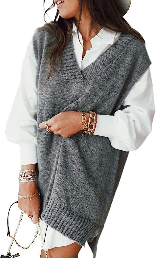 Sweater Vest Women Oversized V Neck Sleeveless Sweaters Womens Cable Knit Tops | Amazon (US)