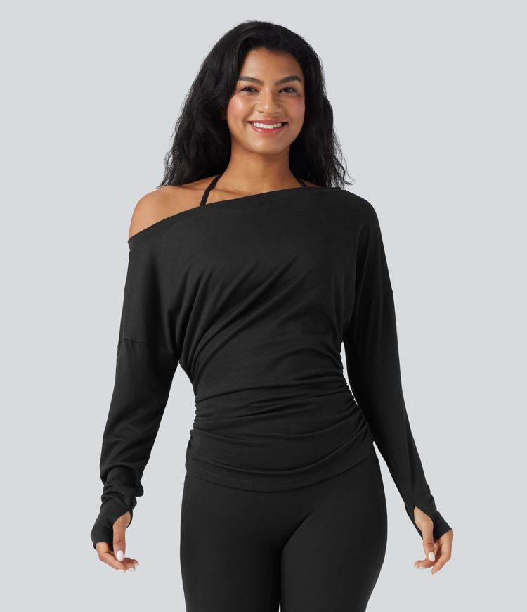 Women’s One Shoulder Long Sleeve Thumb Hole Ruched Yoga Sports Top - Halara | HALARA
