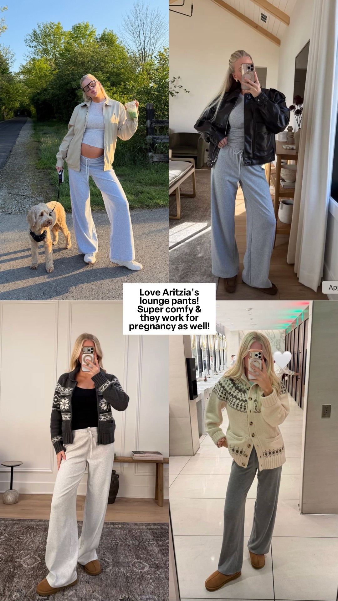 Aritzia Sale!! SIZE: 
Top left - small in pants, large tee (sized up for pregnancy), med jacket, shoes tts
Top right - small in top & pants (heather chrome), med jacket, shoes tts
Bottom left - small in pants (heather cloud white), small in top, med sweater, shoes tts 
Bottom right - small in pants, linking similar cardigans 

#kathleenpost

Lounge pants, drawstring pants, comfy chic