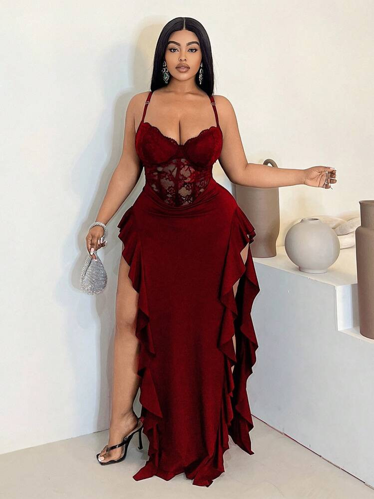 Maweii Plus Size Women's Spring/Summer Lace Sexy Hollow Out Bandage Front Avant-Garde French Casual Young Chic Fashion Elastic Knit Versatile Comfortable Undershirt Dress, Sexy Red Formal Dress, Sexy Clubwear, Formal Dress, Young Elegant Sexy Patchwork Sexy Top, Sexy Clubwear, Red Top, Red Jumpsuit, Red Bra, Fitted Sheer Off-Shoulder Slim Fit Solid Undershirt | SHEIN