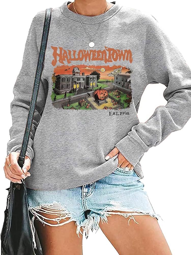 QIANRUO Halloweentown Sweatshirt for Women Vintage Graphic Halloween Party Tees Fall Long Sleeve ... | Amazon (US)