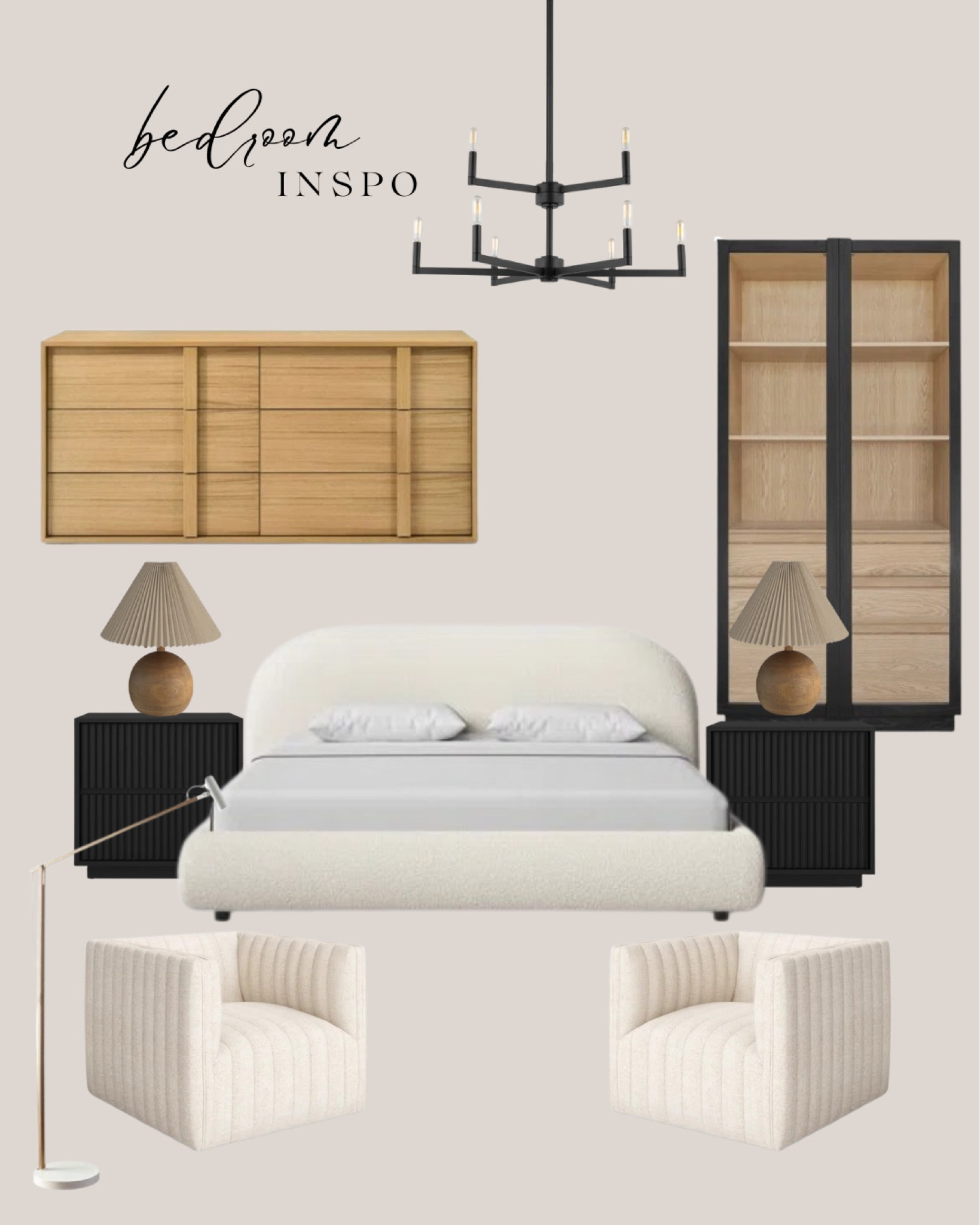 All modern bedroom inspo:
White bed. Black nightstand. Natural wood table lamp. White accent chairs. Gold floor lamp. Natural wood sideboard. Black cabinet tall. Black chandelier.

#LTKHome #LTKSaleAlert