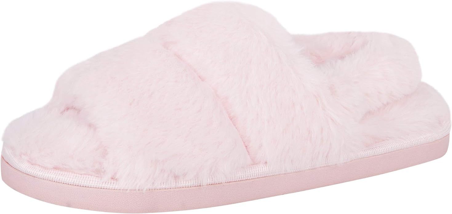 Jessica Simpson Women's Plush Faux Fur Fuzzy Slide on Open Toe Slipper with Elastic Backstrap | Amazon (US)