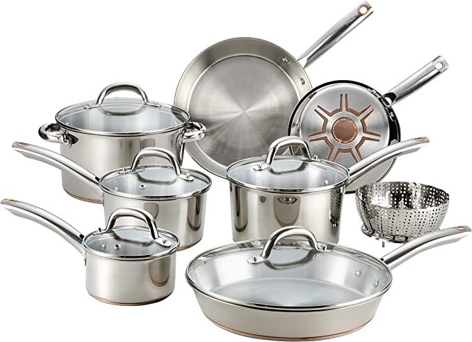 T-fal C836SD Ultimate Stainless Steel Copper Bottom 13 PC Cookware Set, Piece, Silver | Amazon (US)