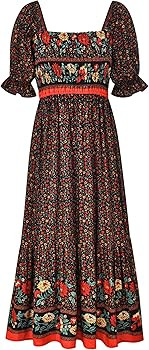 Women's Summer Bohemian Square Neck Floral Print Ruffle Vintage Flowy Beach Vacation Long Midi Bo... | Amazon (US)