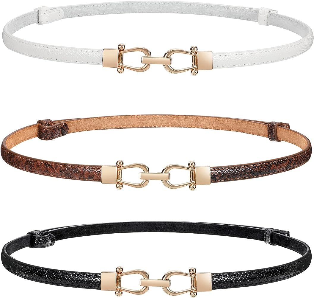 WERFORU Women 3 Pack Skinny Belt for Dress,Thin Waist Belt - Adjustable Leather Belt with Gold Bu... | Amazon (US)