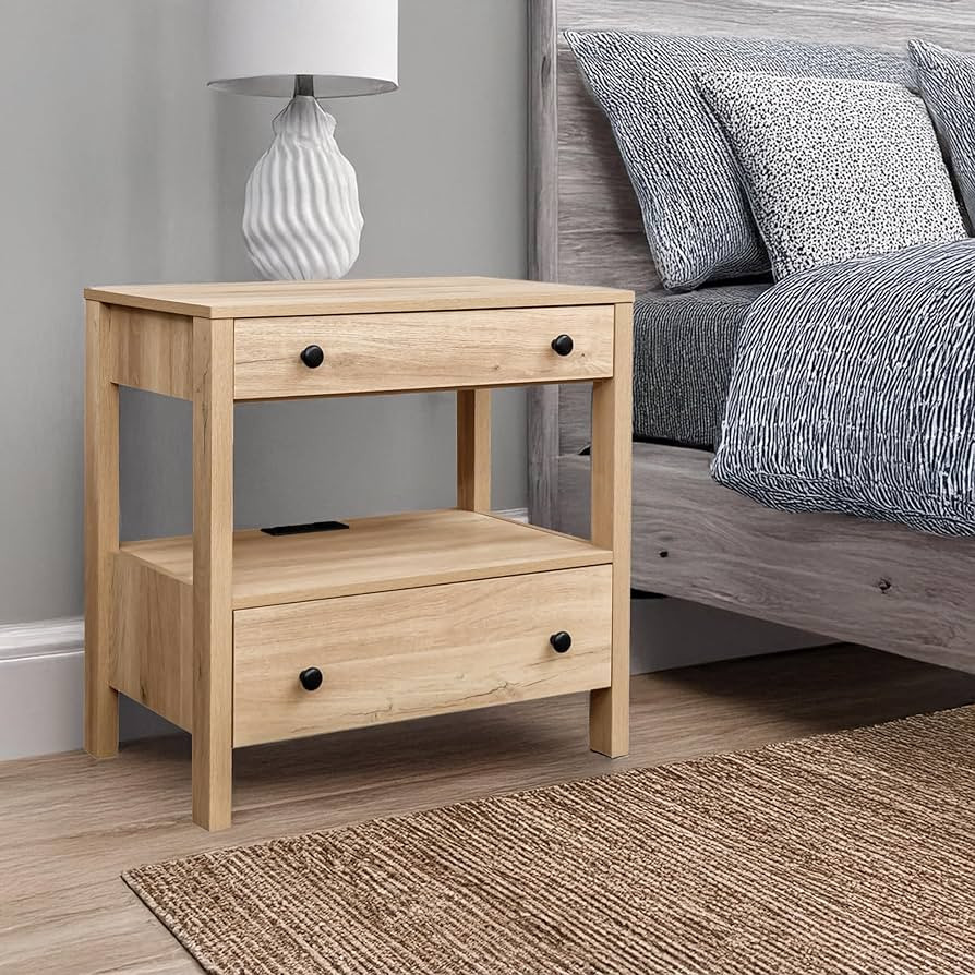 MINCETA Nightstand with Charging Station, Modern 2 Drawer Wooden Bedroom Storage End Table with O... | Amazon (US)