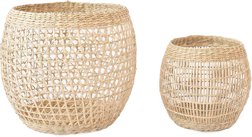 LilaCraft Set 2 Woven Seagrass Lanterns, Boho Wicker Lantern with Round Shape, Decorative Seagras... | Amazon (US)