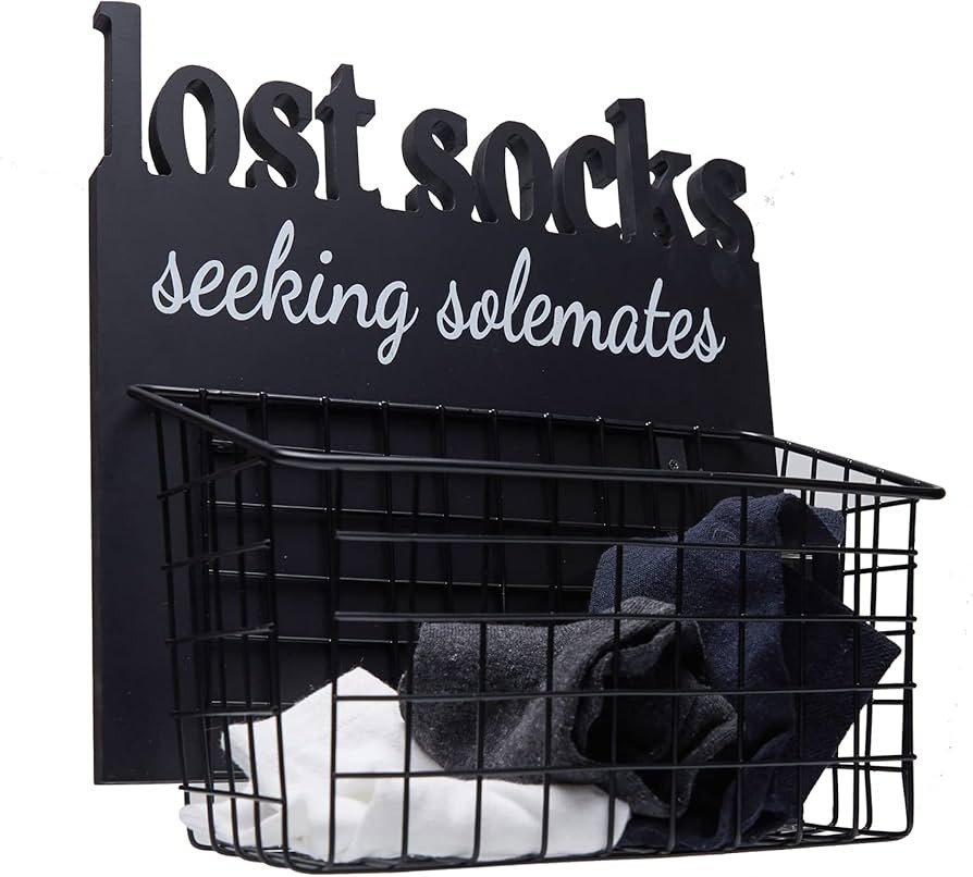 Cutout Letters Lost Socks - Laundry Room Organization, Farmhouse Laundry Room Decor And Accessories - House Decor Rustic Wooden Laundry Sign Wall Decor With Attached Basket - black | Amazon (US)