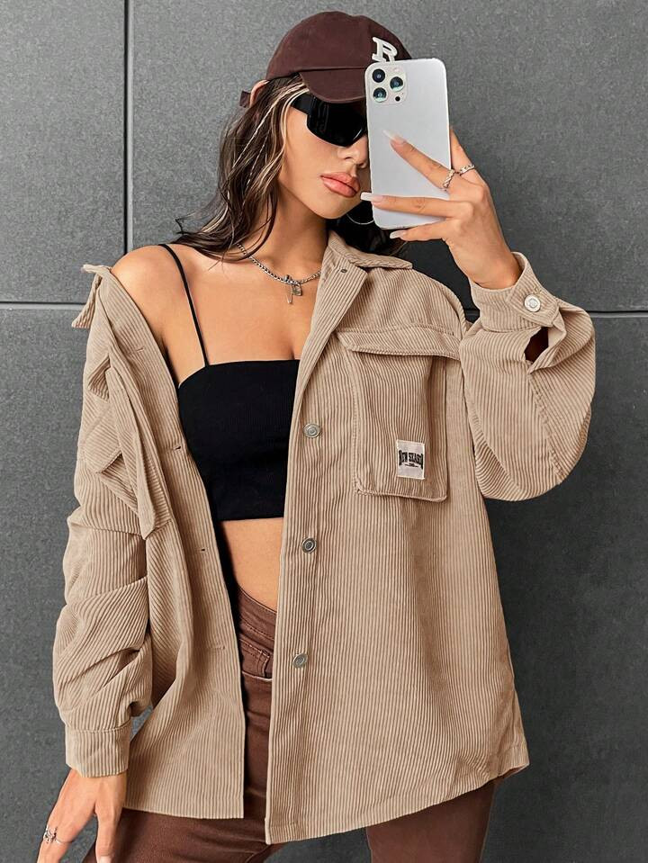SHEIN EZwear Letter Patched Detail Flap Pocket Drop Shoulder Corduroy Coat | SHEIN