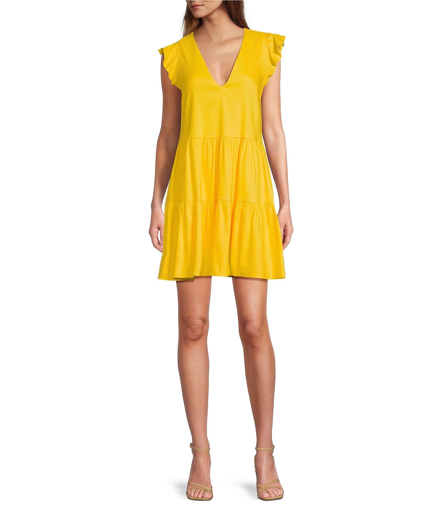 Antonio Melani Opal Linen V-Neckline Cap Sleeve Tiered A-Line Dress | Dillard's | Dillard's