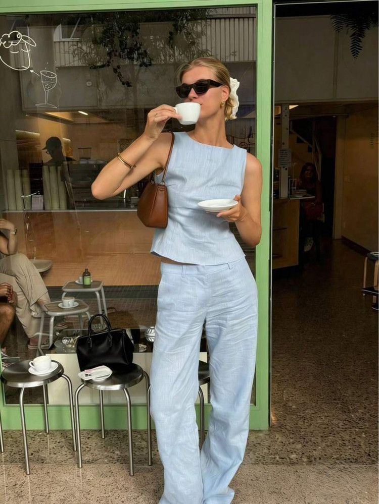 Women's Summer 2-Piece Set, Light Blue Sleeveless Top Paired With Wide-Leg Pants, Solid Color Min... | SHEIN