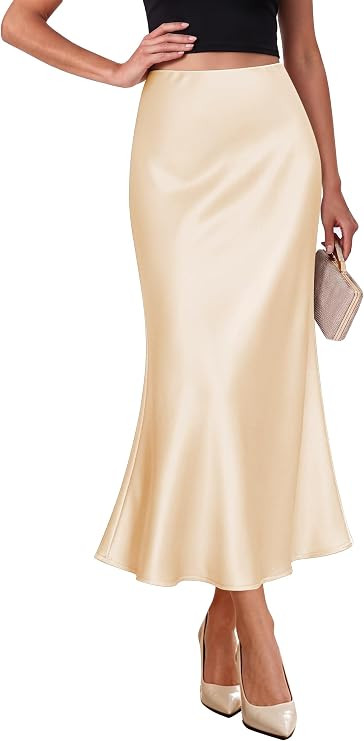 OFEEFAN Stain Skirts for Women Elegant High Waist Cocktail Party Midi Skirt | Amazon (US)