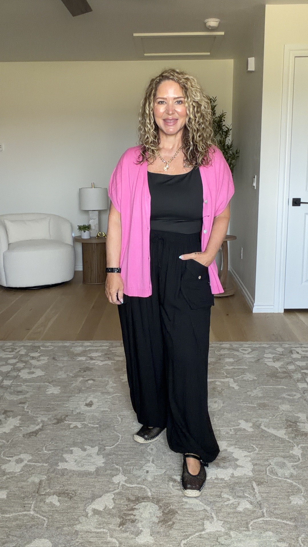 Large in everything except the pink sweater and black pants are a medium.

#LTKPetite #LTKMidsize #LTKOver40
