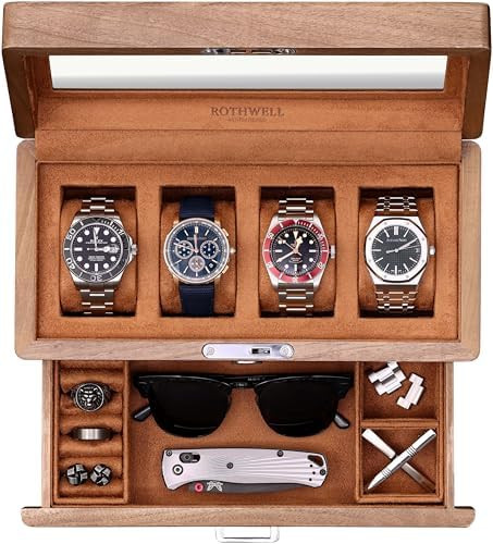 ROTHWELL 4-Slot Solid Walnut Watch Box with Valet Drawer - Premium Jewelry Display Case Organizer... | Amazon (US)
