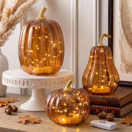 Fuutreo 3 Pcs Glass Fall Pumpkin, Rustic Pumpkin Home Decor, Brown | Amazon (US)