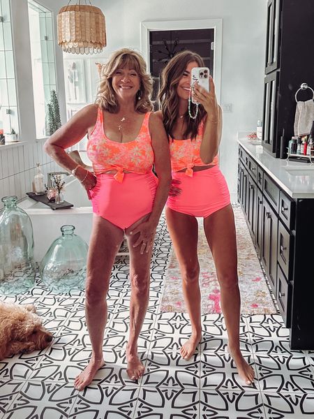 CORAL REEF NEW LAUNCH! love the neon combo in this collection🩷 wearing a size small in the top and small in the bottoms, true to size! BB is in a large top and medium bottoms. use code AMBER for 20% off  

#LTKfamily #LTKunder50 #LTKswim