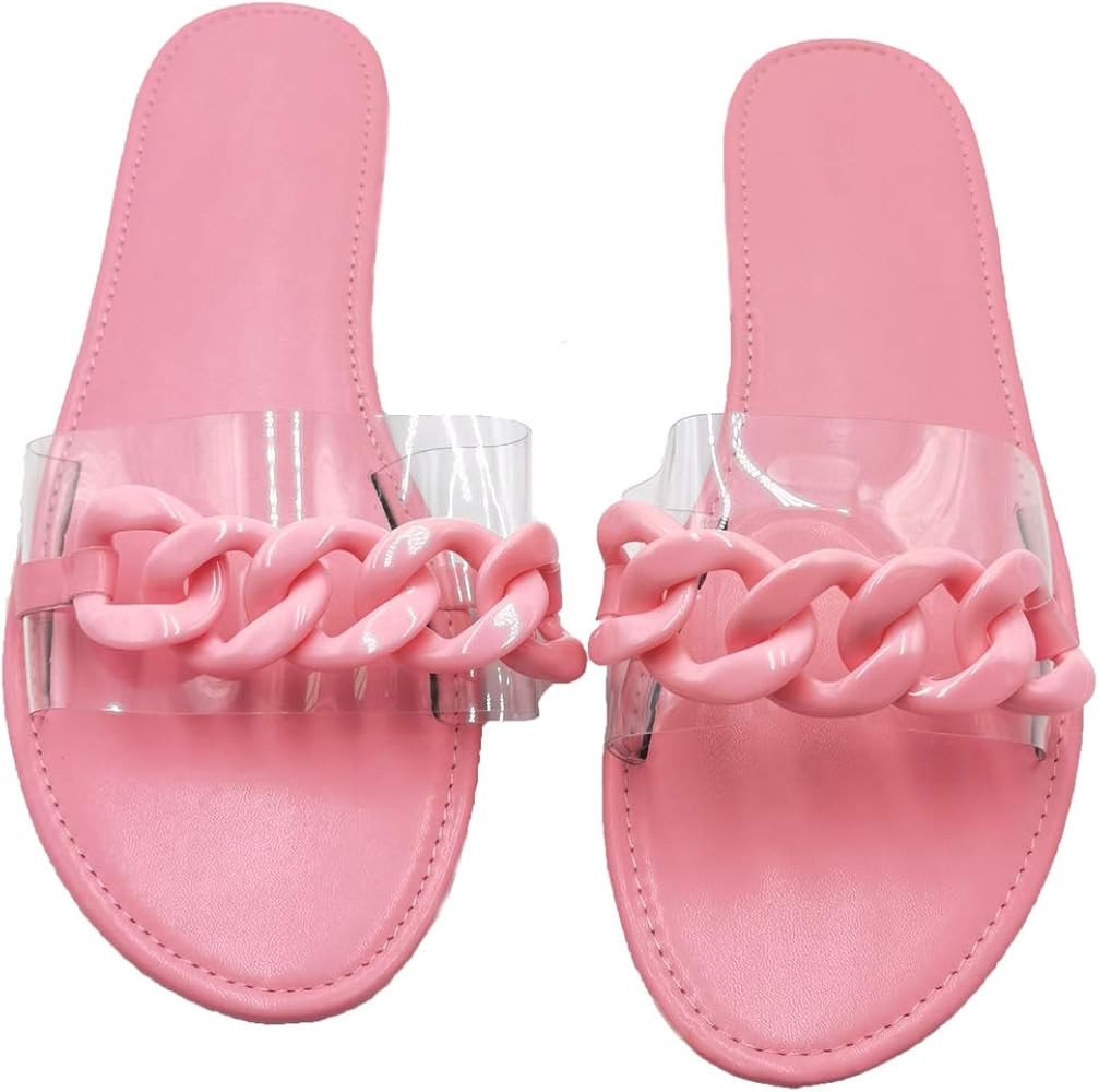 Womens Summer Glitter Candy Color Chain Clear Slides Flat Low Wedge Sparkle Sandals Shoes | Amazon (US)