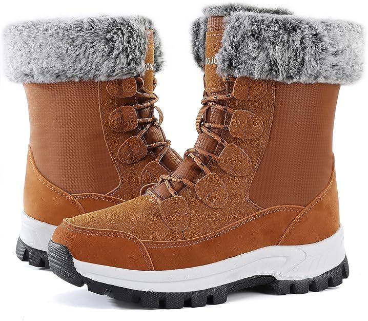COOJOY Women's Snow Boots Winter Waterproof Furry Mid Calf Shoes | Amazon (US)