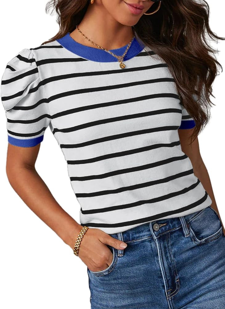 Dokotoo Women's Short Puff Sleeve Knit Tops 2026 Trendy Crewneck Striped T Shirts Casual Summer B... | Amazon (US)