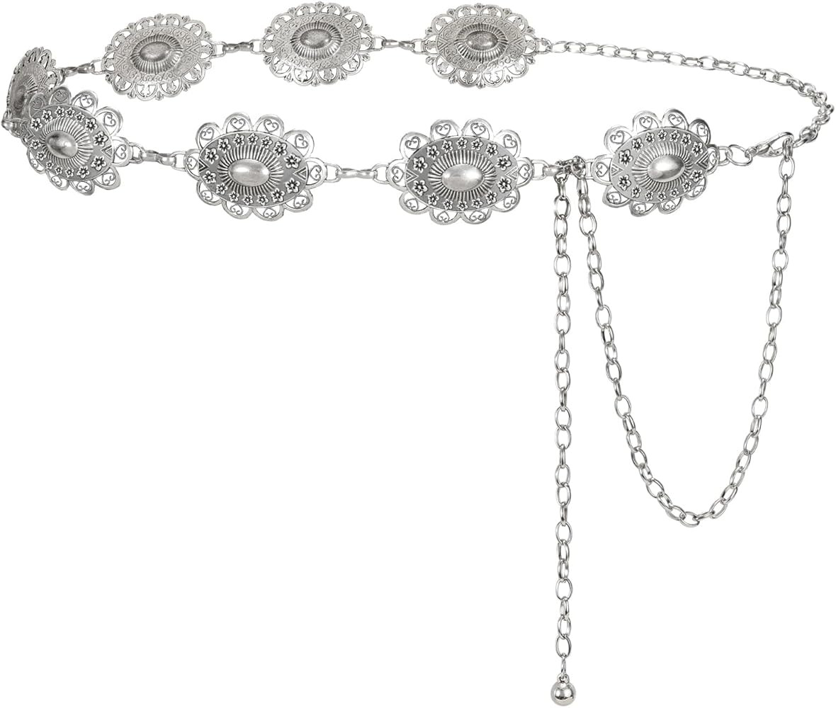LEACOOLKEY Women Turquoise Concho Chain Waist Belt Silver Western Cowgirl Metal Chain Belt for Dr... | Amazon (US)