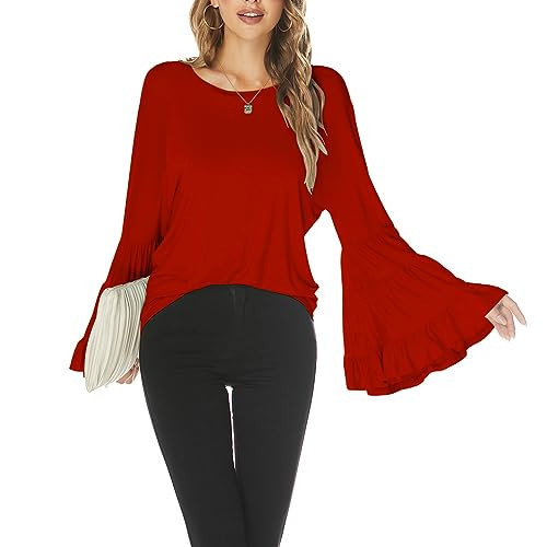Hount Women's Red Tops Bell Sleeve Vintage Round Neck Tops Casual Fall Long Flare Sleeve Shirts(Red,Large) | Amazon (US)