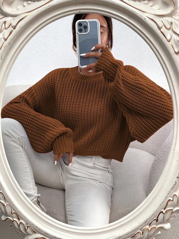 Solid Ribbed Knit Drop Shoulder Sweater | SHEIN