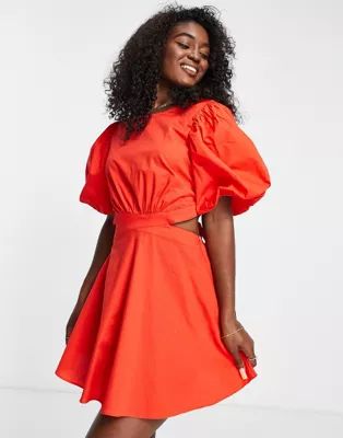 Miss Selfridge poplin cut out mini dress in orange | ASOS (Global)