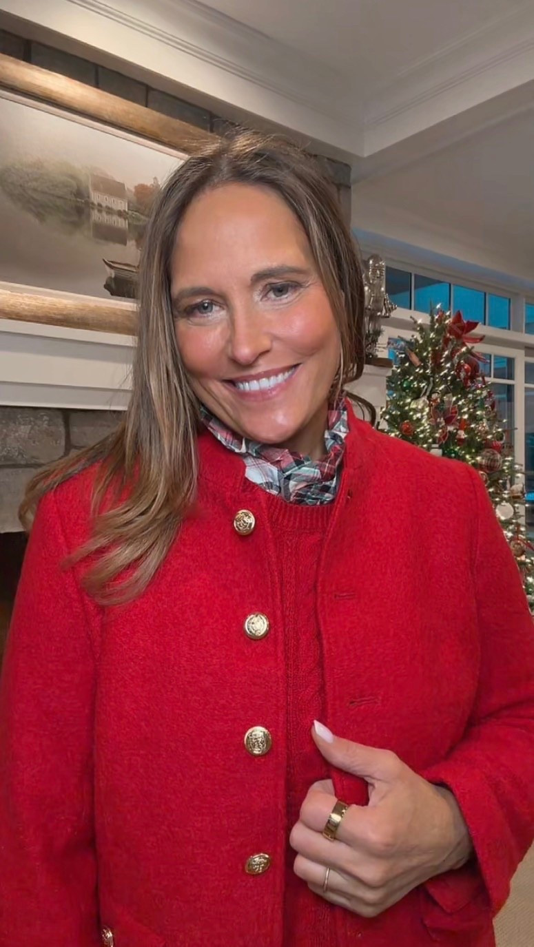 New arrivals from Talbots! This red military jacket is so festive and is a great pop of color for your wardrobe! Paired it with the ruffle neck  plaid holiday shirt! Perfect for workwear or a holiday event!

#LTKOver40 #LTKHoliday #LTKMidsize