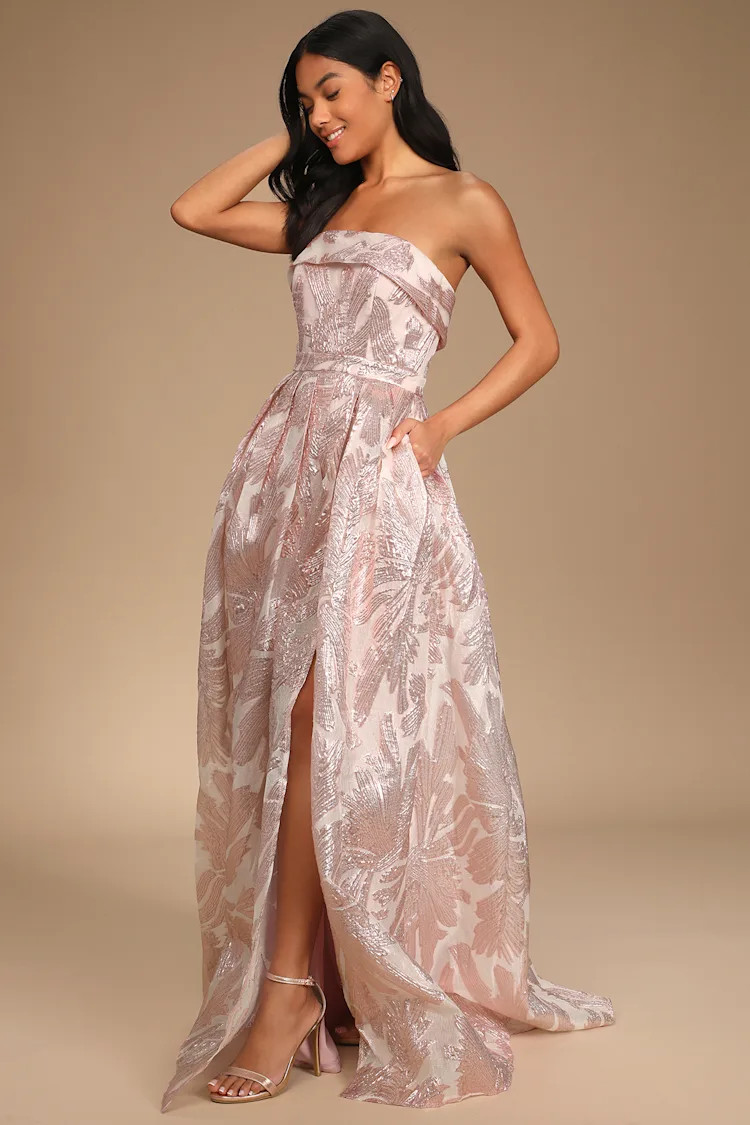 Dancing Dream Blush Jacquard Strapless Maxi Dress With Pockets | Lulus (US)