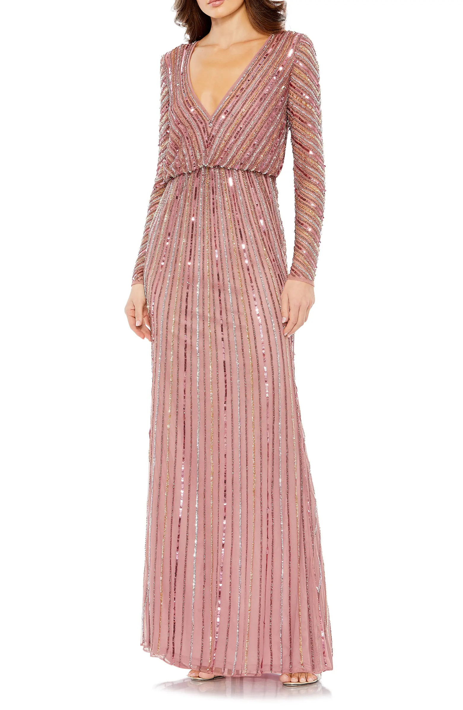 Sequin Stripe Long Sleeve V-Neck Mesh Gown | Nordstrom